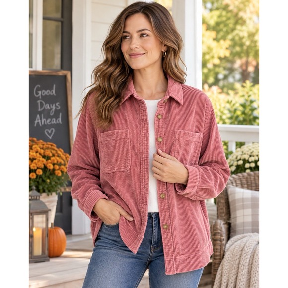 L.L. Bean Tops - LL Bean Womens Corduroy Button Up Shirt Shacket L 512434 Dusty Rose Pockets